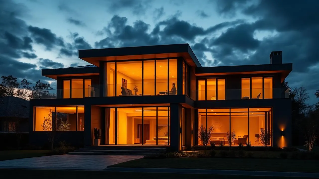 Casa contemporânea de alto padrão iluminada ao anoitecer